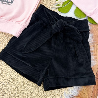 Conj. Blusão de Moletom Cowgirls e Short de Veludo com Laço - Rosa e Preto